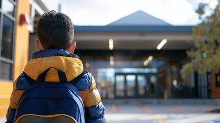 Latino little boy entering elementary school for first day, back shot view. Horizontal photo (16:9)
