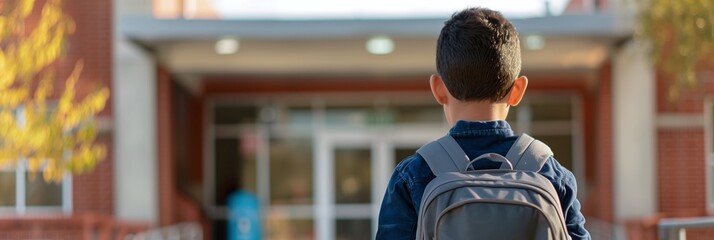 Hispanic little boy entering elementary school for first day, view from the back. Panoramic photo (3:1)