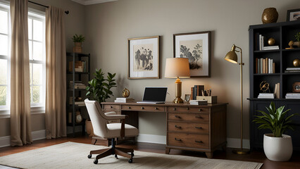 Fototapeta premium Tranquil Home Office Setup: Lush Indoor Plants and Sunlit Space for Optimal Productivity