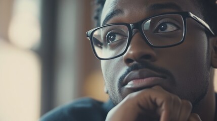 A close-up view of a person's face with glasses, suitable for portraits or editorial use