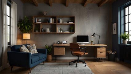 Showcase a hybrid space where a home office coexists with a personal leisure area