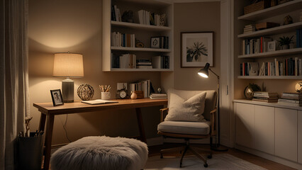 Elegant Home Office: Yoga Mat and Family Photos for a Balanced Work-Life Environment