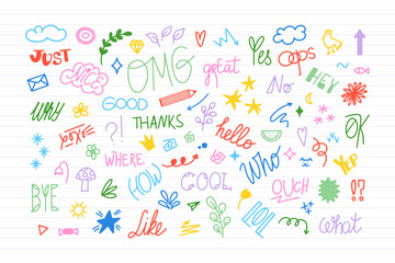 Chat words and doodles collection. Small hand drawn elements. Slang words, lettering of modern short phrases. Vector illustration set design