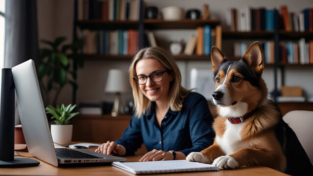 A home office setup that includes a pet, such as a dog or cat, showing the companionship and comfort pets bring to remote work.
