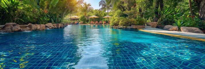 A luxurious pool with vibrant blue water, surrounded by lush tropical gardens and lined with comfortable loungers under umbrellas.