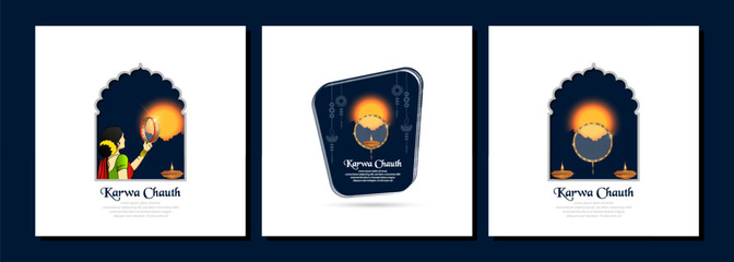 vector illustration of Happy Karwa Chauth festival card with gold style Background. set of three card