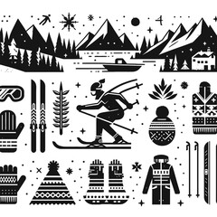 black and white Nordic skiing elements set flat illustration 