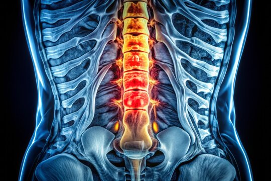Detailed MRI scan of lumbosacral spine showing back muscle spasm, mild disc lesions, vertebral body haemangiomata, and straightened lumber curvature with selective focus on spine.