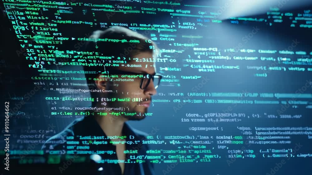 Aufkleber man at computer in dark room, glowing screen with technological interface.