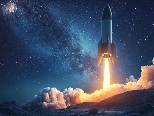 A rocket blasting off into the night sky with a burst of flames and smoke