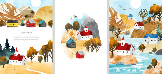 Set of autumn watercolor vector design with church, cozy houses, landscape, river, trees, sun and space for text. A4. Nature illustration for poster, book, postcard, flyer, list, banner, invitation