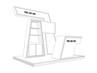 3d illustration stand booth 3x2m with table receptionist rack display and blank LED TV screen for logo company for event exhibition. Vector sketch outline drawing coloring editable isolated.
