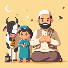 Eid Al Adha Illustrations. Muslims Prepare Livestock to Be Sacrificed. People Celebrate Eid Al Adha