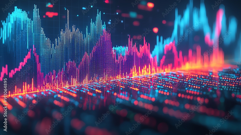 Poster vibrant digital sound waves and audio frequency analysis in colorful patterns for visualizing music 