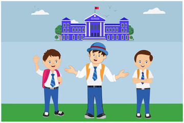 Happy school kids with uniforms standing in front of the school building. Vector cartoon illustration.