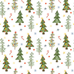 Watercolor funny Christmas trees seamless pattern, Green Nature background