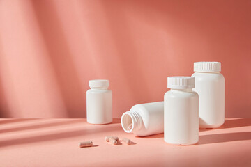 Creative template to design advertisement pic for medicine or supplement product, white unlabeled medicine bottle displayed on the right. Front angle, blank space for adding text
