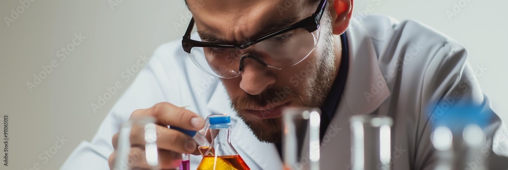 Poster a scientist is engaged in an experiment in a laboratory, handling colorful chemicals with precision 