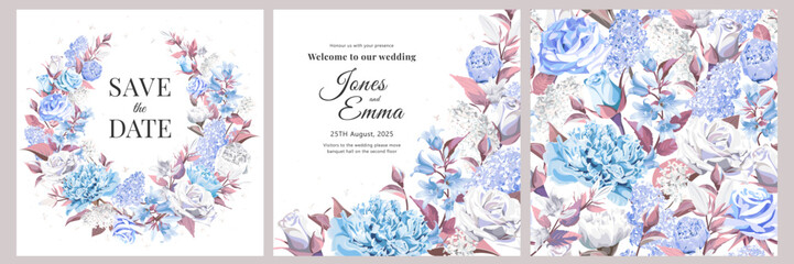 Wedding invitation. Cards with frame with text and flowers - blue and white Rose, Peony, Campanula and Lilac isolated on white Background. Seamless pattern.  © Yulia Ogneva