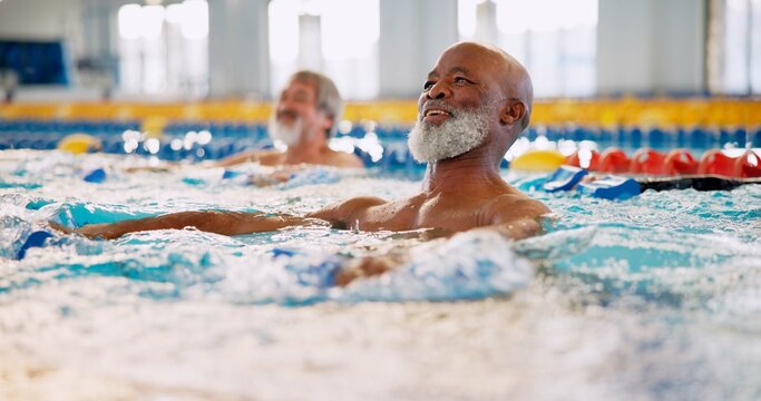 Dumbbell, smile and mature man in swimming pool for exercise, healthy body and strong muscle. Aqua therapy, water and aerobics class for fitness, physiotherapy or rehabilitation of senior people
