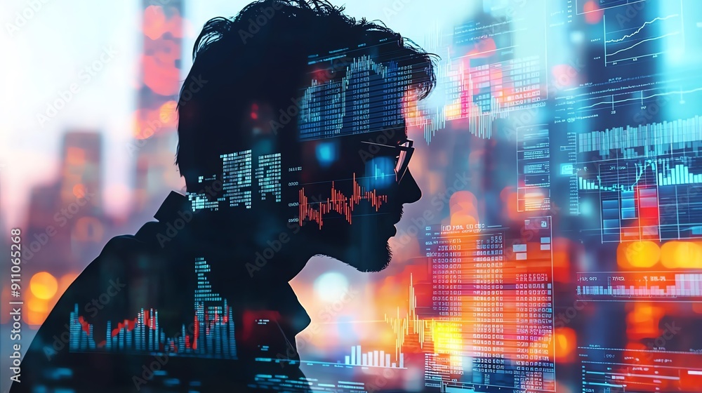 Poster a silhouette of a man against a vibrant financial data backdrop, representing modern analytics and d