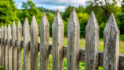 Obraz premium Rustic, weathered light gray wooden picket fence with pointed tops, irregular boards, and a natural, worn, countryside aesthetic appeal.
