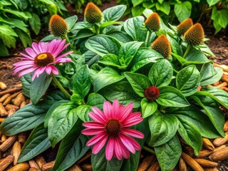 Vibrant spinach and echinacea plants with lush, rich green leaves thrive together in a bed of organic mulch, showcasing harmonious garden companionship from above.