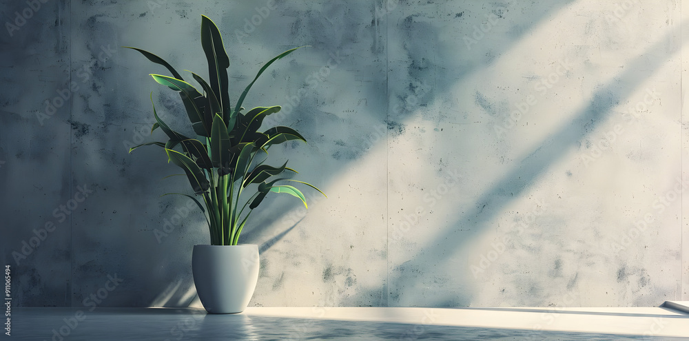 Sticker Plant in White Pot Against Concrete Wall with Light Rays Illustration