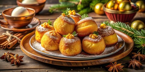 Traditional Brazilian Christmas Rabanadas with creamy egg yolk topping and cinnamon, alongside Spanish Torrijas, elegantly arranged on a golden plate on a festive holiday table.