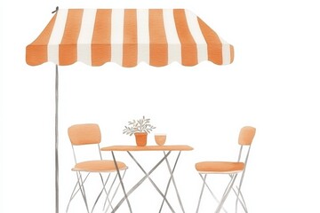 A simple outdoor dining setup with a striped awning.