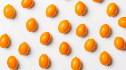 A set of kumquats arranged in a minimalist geometric pattern on a textured white background, emphasizing their vibrant orange color