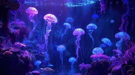 Beautiful jellyfish, medusa in the neon light with the fishes. Aquarium with blue jellyfish and lots of fish. Making an aquarium with corrals and ocean wildlife. Underwater life in ocean jellyfish.