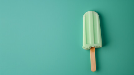 Mint green ice cream popsicle on green background, minimalist dessert concept, vegan and dairy-free summer treat, space for text