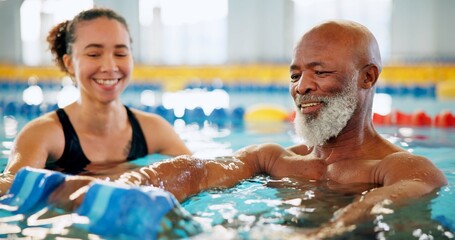Dumbbell, help and mature man in swimming pool for exercise, healthy body and strong muscle. Aqua...