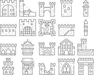 Castle Construction Collection Icons Set Vector. Medieval Castle Goal And Bridge, Tower And Wall, Aqueduct And Window, Destroyed Wall And Arch Black Contour Illustrations