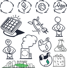 The set consists of icons on the topics of ecology, industry, new technologies and nature.