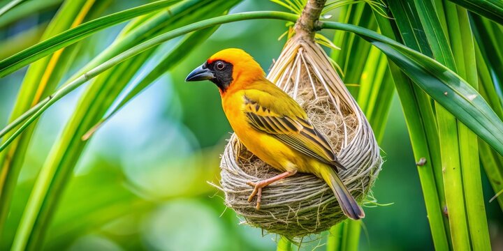 Vibrant yellow weaver bird crafts intricate nest from grass twigs on a coconut tree branch, perched serenely amidst lush green leaves in a sunny Indian sanctuary.