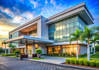 Modern hospital facade in Pare-Pare, Indonesia, featuring a well-manicured front yard and sleek main entrance, symbolizing quality healthcare and medical services.