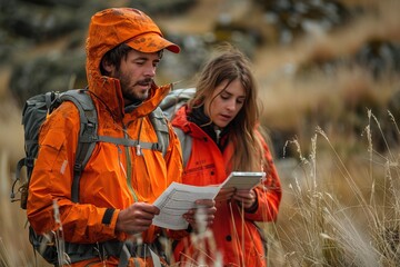 Two hikers with backpacks and orange jackets stand in a nature setting, studying a map and planning their route, emphasizing adventure, exploration, and preparedness in the outdoors.