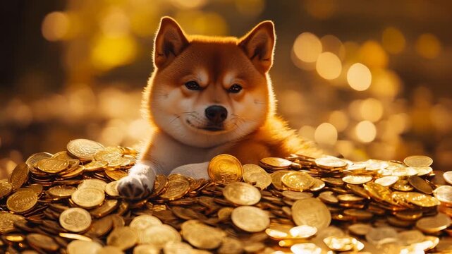 Shiba inu dog surrounded by a pile of golden coins