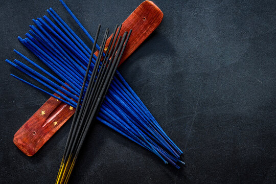 air freshener sticks on dark blue background top view mockup