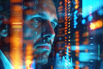 businessman analyzing holographic data charts futuristic office setting glowing graphs and statistics focused expression