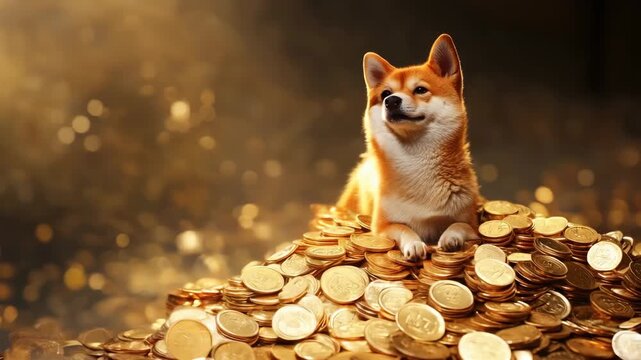 Shiba inu dog surrounded by a pile of golden coins
