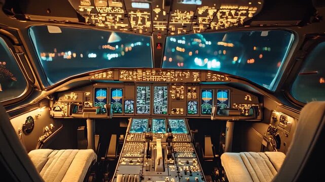 Airplane cockpit with illuminated control panels during evening flight