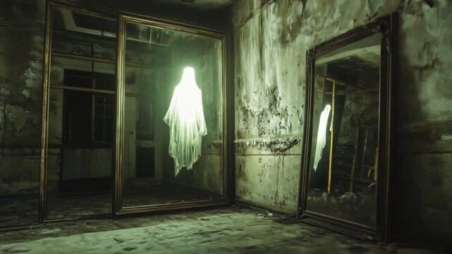 Ghostly figure in a green-lit abandoned room with mirrors