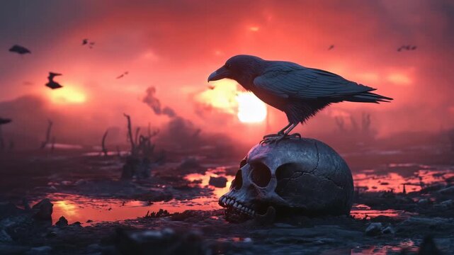 Raven perched on a skull at dusk in a dark, eerie landscape