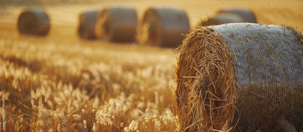 Poster straw bales laying in a field with stubble ideal for a copy space image