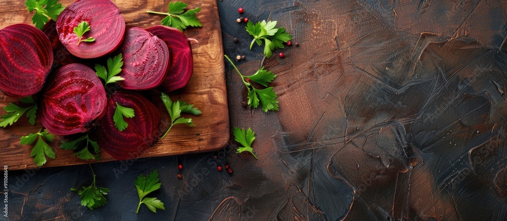 Aufkleber boiled beets arranged on a cutting board with parsley leaves set on a wooden backdrop image with cop