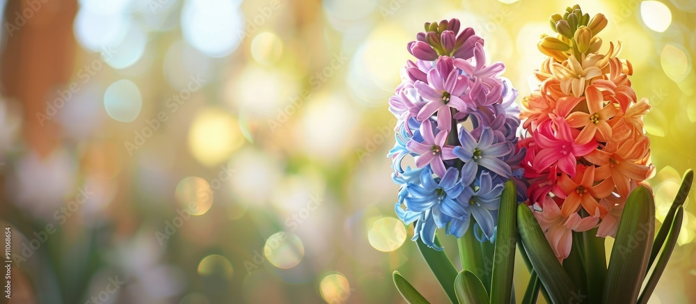 Poster A charming trio of colorful hyacinths in a spring themed arrangement with a blurred background emphasizing the copy space image