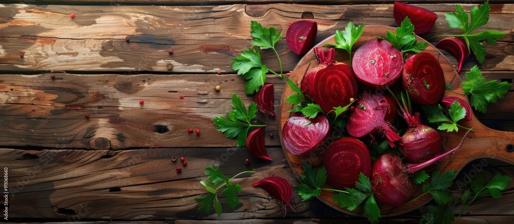 Poster boiled beets arranged on a cutting board with parsley leaves set on a wooden backdrop image with cop